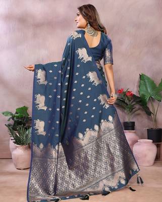 Teal faux banarasi silk blend jacquard weaving saree 2