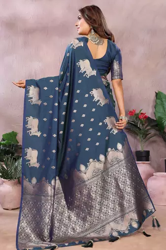 Teal faux banarasi silk blend jacquard weaving saree