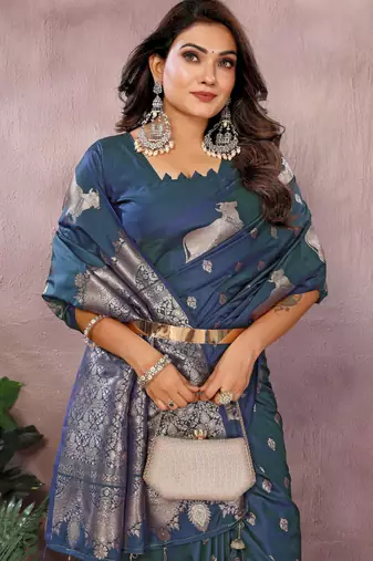 Teal faux banarasi silk blend jacquard weaving saree