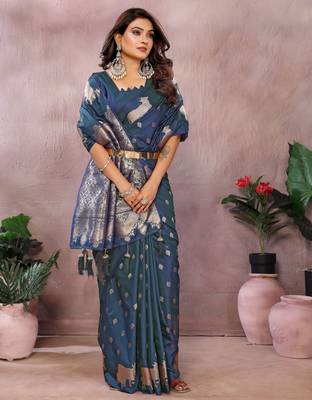 Teal faux banarasi silk blend jacquard weaving saree 4