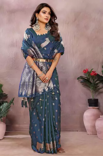 Teal faux banarasi silk blend jacquard weaving saree