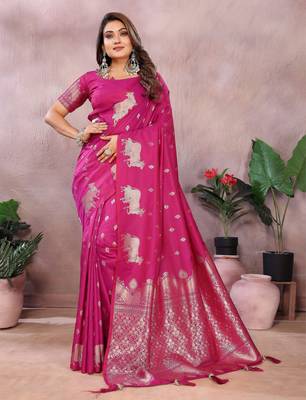 Pink faux banarasi silk blend jacquard weaving saree 1