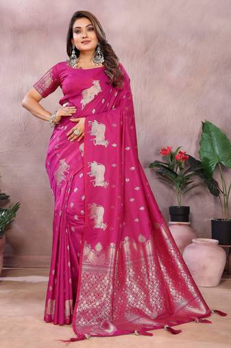 Pink banarasi silk blend jacquard weaving saree