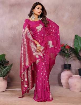 Pink faux banarasi silk blend jacquard weaving saree 4