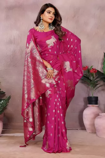 Pink faux banarasi silk blend jacquard weaving saree