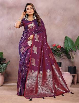 Purple faux banarasi silk blend jacquard weaving saree 1