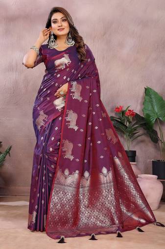 Purple banarasi silk blend jacquard weaving saree