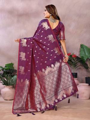Purple faux banarasi silk blend jacquard weaving saree 2