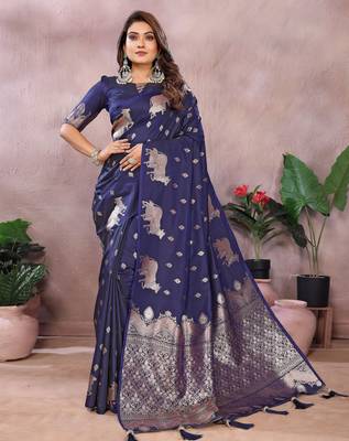 Blue faux banarasi silk blend jacquard weaving saree 1