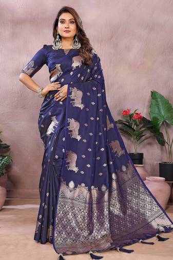 Blue banarasi silk blend jacquard weaving saree