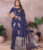Blue banarasi silk blend jacquard weaving saree