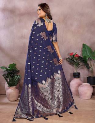 Blue faux banarasi silk blend jacquard weaving saree 2
