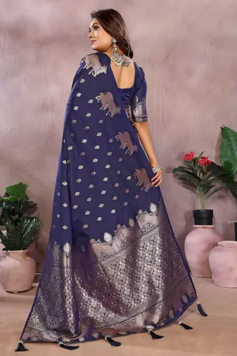 Blue faux banarasi silk blend jacquard weaving saree