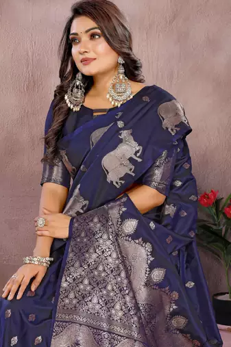 Blue faux banarasi silk blend jacquard weaving saree