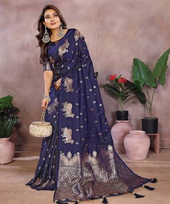 Blue faux banarasi silk blend jacquard weaving saree 4