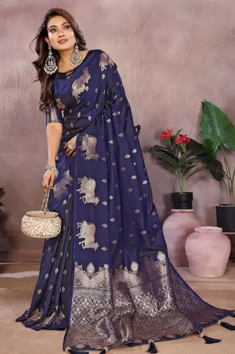 Blue faux banarasi silk blend jacquard weaving saree