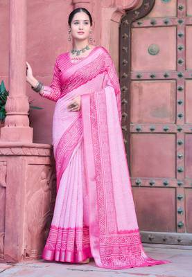 Pink linen cotton printed saree 1