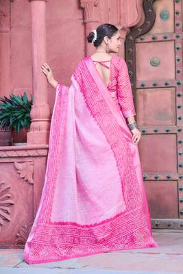 Pink linen cotton printed saree 2