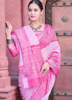 Pink linen cotton printed saree 3