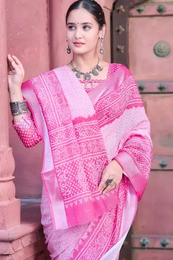 Pink linen cotton printed saree