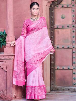 Pink linen cotton printed saree 4