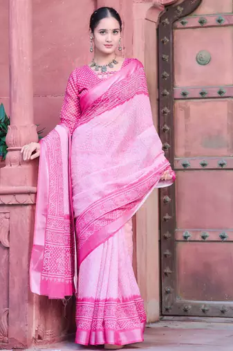 Pink linen cotton printed saree
