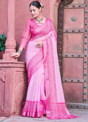 Pink linen cotton printed saree 5