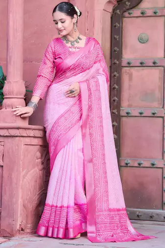 Pink linen cotton printed saree