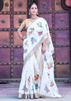 White linen cotton printed saree 1