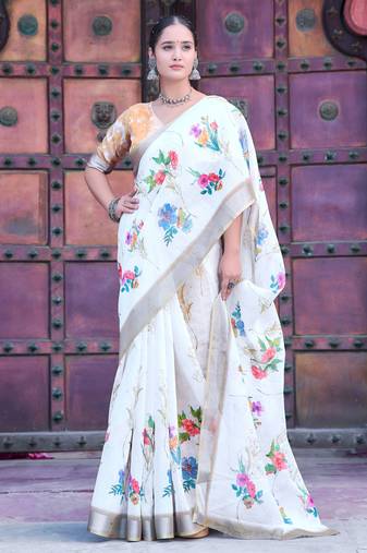 White linen cotton printed saree