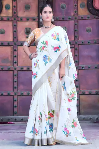 White linen cotton printed saree