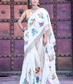 White linen cotton printed saree