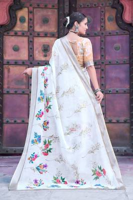 White linen cotton printed saree 2