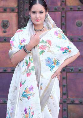 White linen cotton printed saree 3