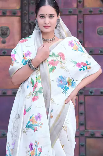 White linen cotton printed saree