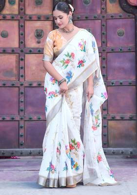White linen cotton printed saree 4