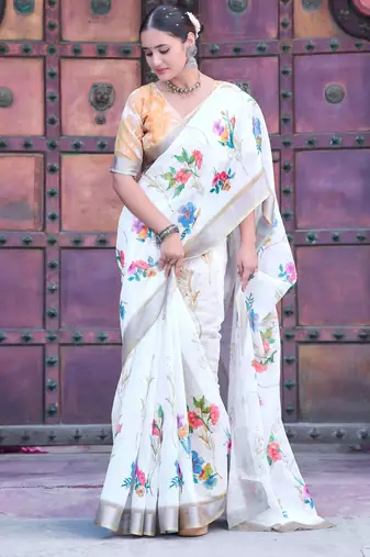 White linen cotton printed saree