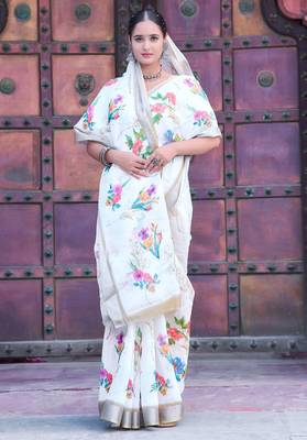 White linen cotton printed saree 5