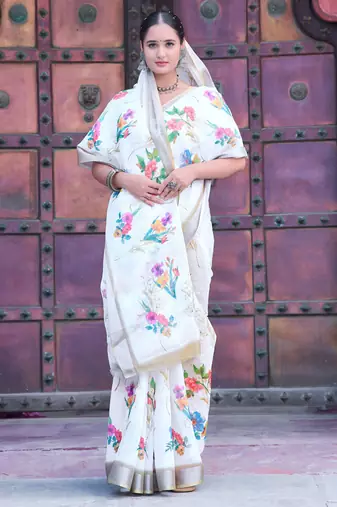 White linen cotton printed saree