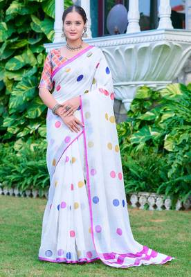 White linen cotton printed saree 1