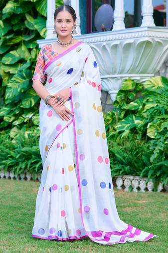 White linen cotton printed saree