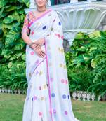 White linen cotton printed saree