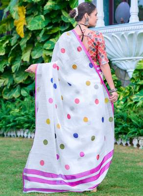 White linen cotton printed saree 2