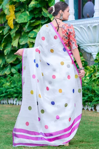 White linen cotton printed saree