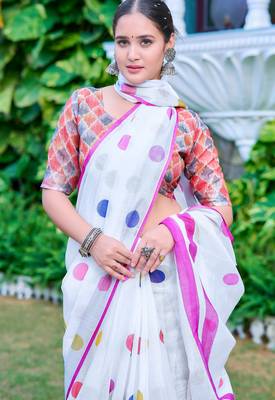 White linen cotton printed saree 3
