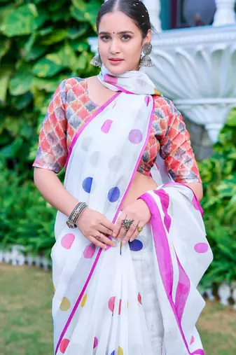 White linen cotton printed saree