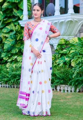White linen cotton printed saree 4