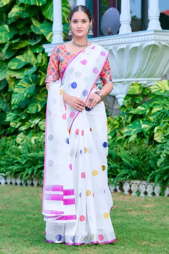 White linen cotton printed saree