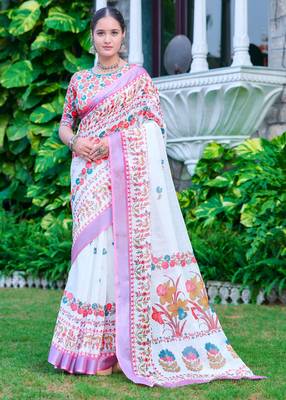 White linen cotton printed saree 1