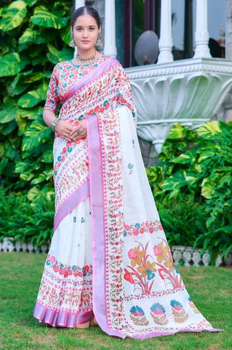 White linen cotton printed saree